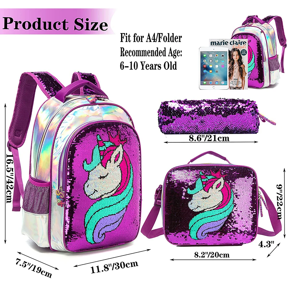 Imagem -02 - Meetbelify Unicorn Sequin Backpack com Lunchbag Bonito Schoolbag para Meninas Estudante da Escola Primária