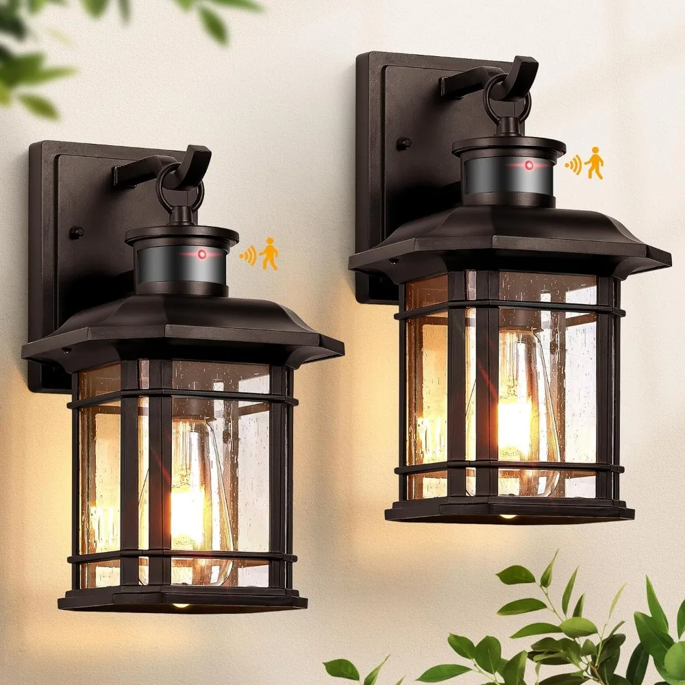 Outdoor Wall Lamp, Dusk To Dawn, Anti-Rust Seed Glass Garage Lights, 2 Packs Motion Sensor Outdoor Wall Lamp