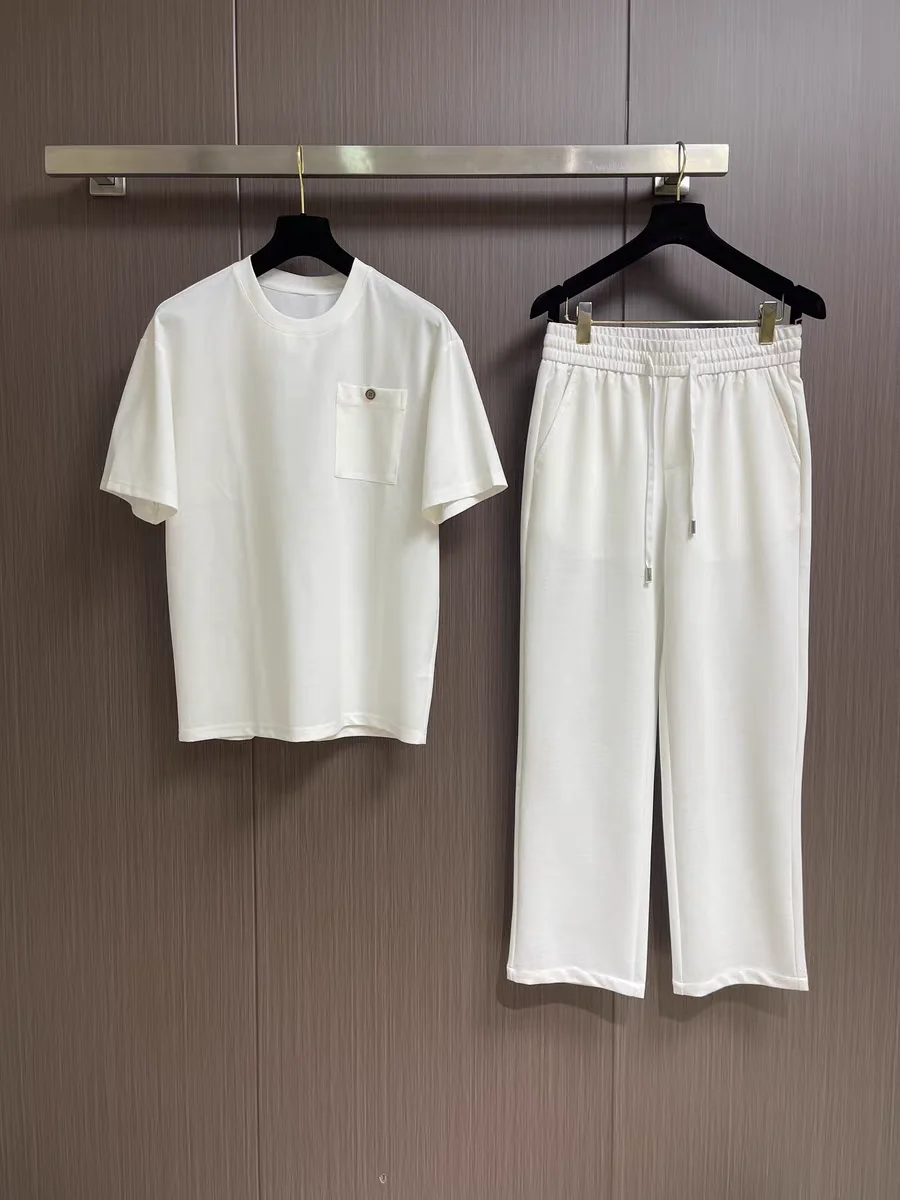 

Italian Style Men's Fashion Summer Casual Breathable Short Sleeve T-Shirt Set Pocket Badge Comfortable Versatile Youth Clothing