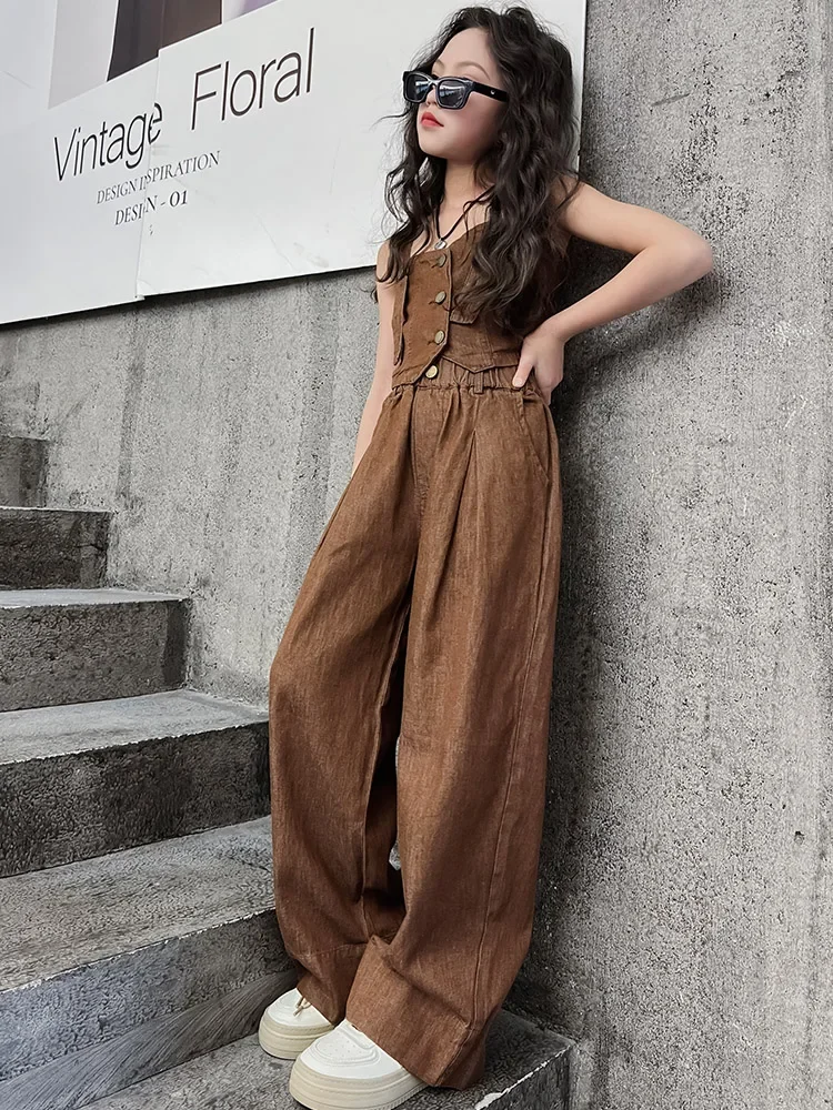 

Spring Summer Cool Trendy Strap Set Kids Thin Denim Vest Wide Leg Pants Two Piece Set mid Large Children Summer Outfit for Girls