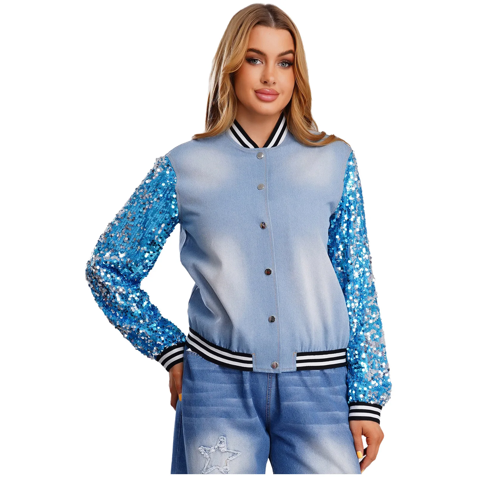 

Women Denim Baseball Jacket Glittery Sequin Long Sleeve Front Button-up Striped Trim Bomber Jacket Outerwear for Daily Casual