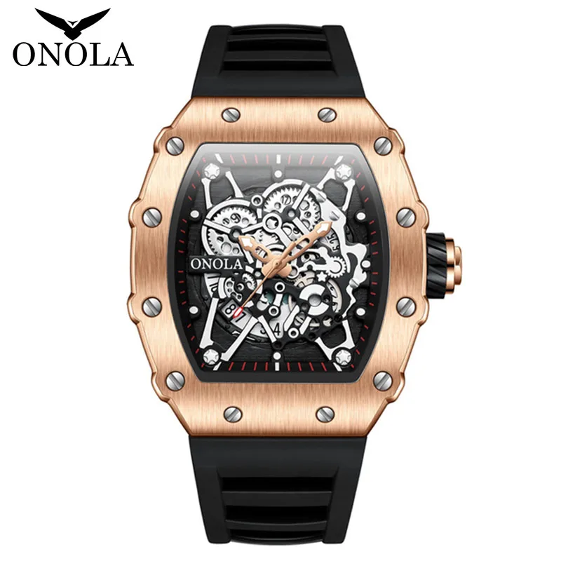 

Hot Sell Fashion Rose Watches Men Top Brand ONOLA Sports Casual Rubber Strap Quartz Clocks Auto Date AAA Tonneau Wristwatch Man