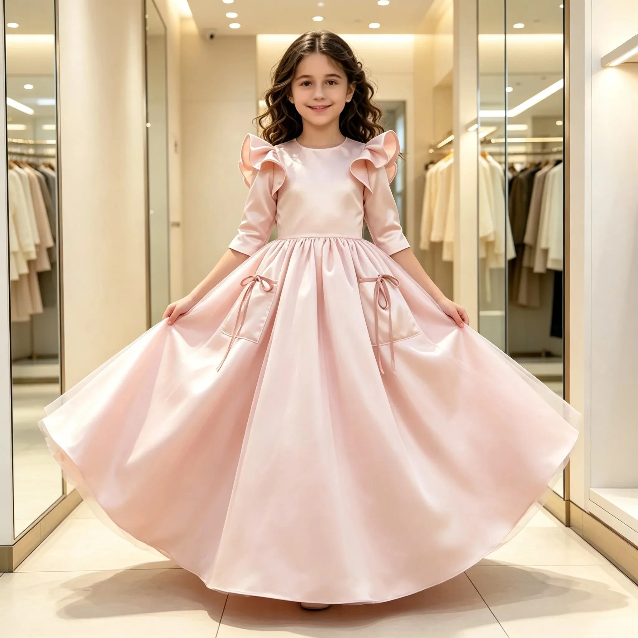 Mädchenkleid Rosa Satin Halbarm Klassisches A-Linien-Blumenmädchenkleid für Hochzeit Geburtstag Erstkommunion Abendball Großhandel – Detail 4