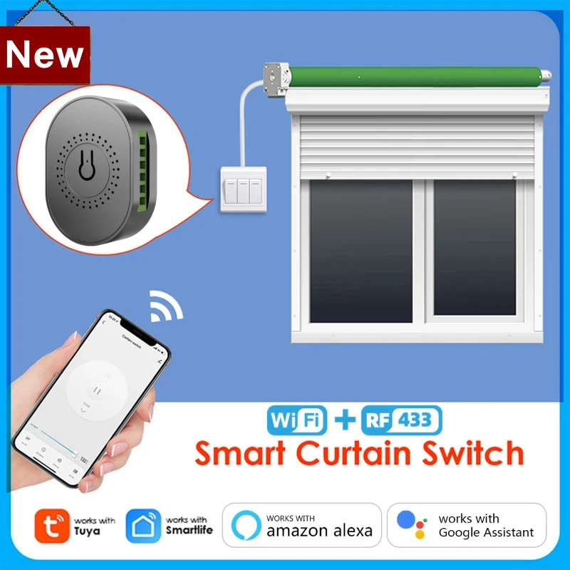 Tuya WiFi RF433Mhz Smart Curtain Switch Module Roller Blind Shutter Curtain Remote Control for Alexa Google Home Smart Life