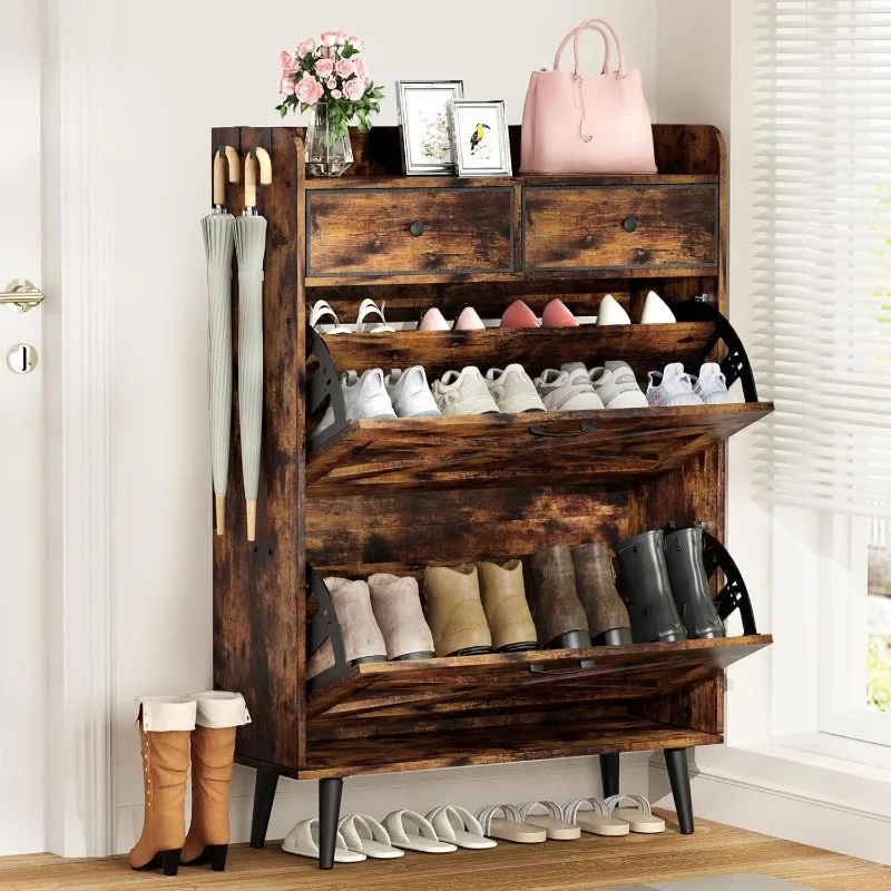 

Shoe Cabinet Storage for Entryway, Narrow Shoe Organizer Cabinet with 2 Flip Drawers & 2 Fabric Drawers, Farmhouse Freestanding