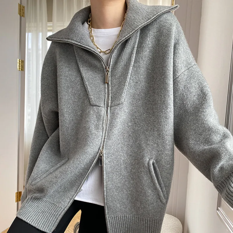 HKSH Autumn Winter New Women Sweater Cardigan Double Zipper Turn-Down Collar Knitted Casual High Street Elegant Ins Coat HK11639