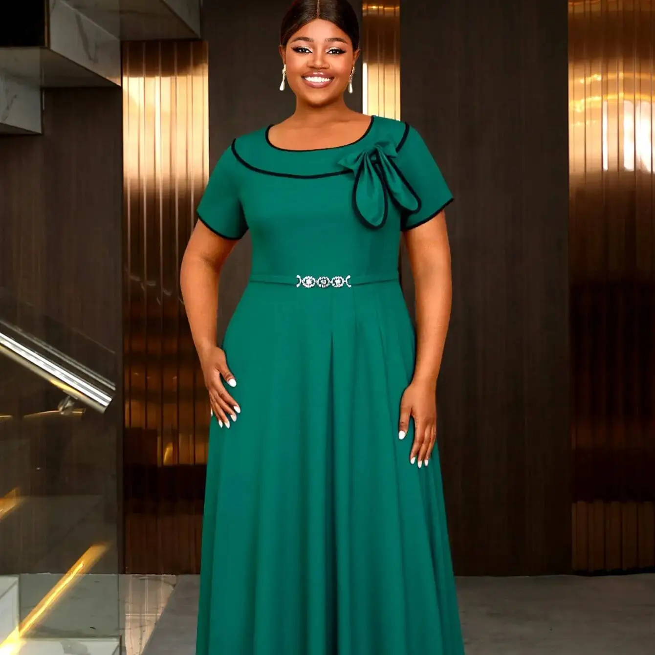 Plus-size Dress With A Lapel Collar, Bow Tie, Contrasting Color Trim, A-line Short Sleeves, And Belt Decoration In Lake Green