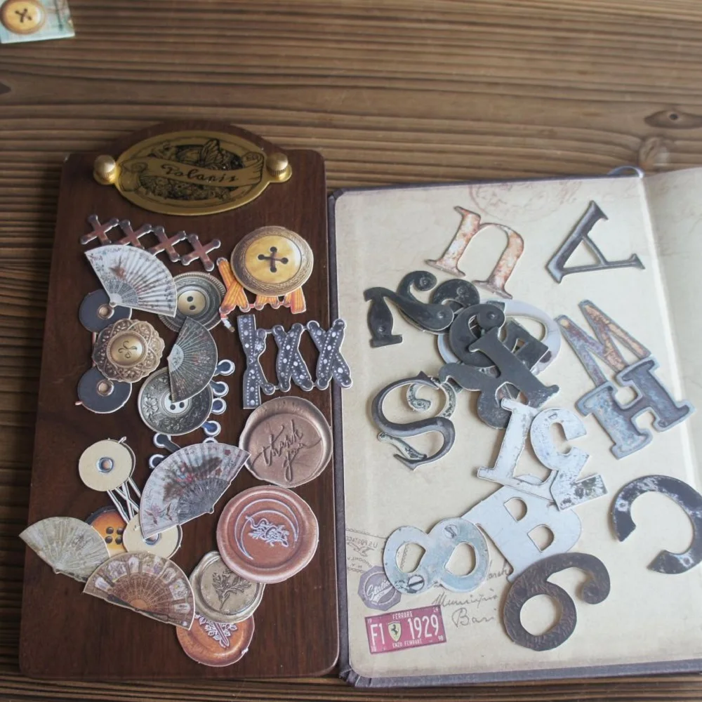 18pcs Metal Retro Button Letters Mechanical Watch Style Hard Paper Sticker Scrapbooking DIY Gift Packing Label Decoration Tag