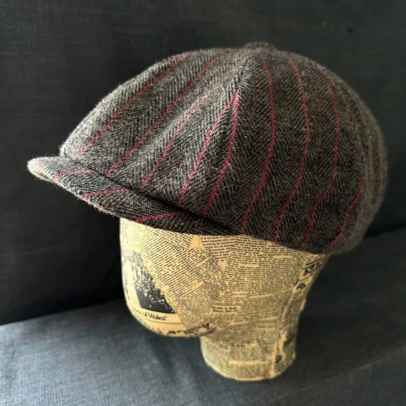 British Retro Striped Octagonal Beret Hat Large Size Wool Painter Newsboy Cap Autumn Winter Warm Headwear