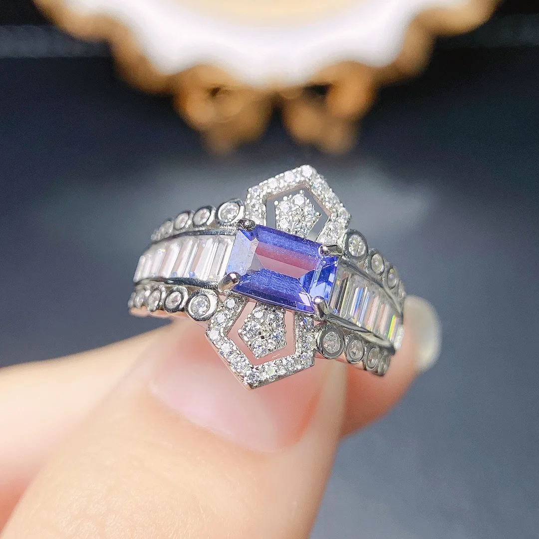 Natural Tanzanite Art Deco Ring 4*6mm Emerald Cut Stone S925 Silver White Cubic Zircon Adjustable Women Blue Gem Ring
