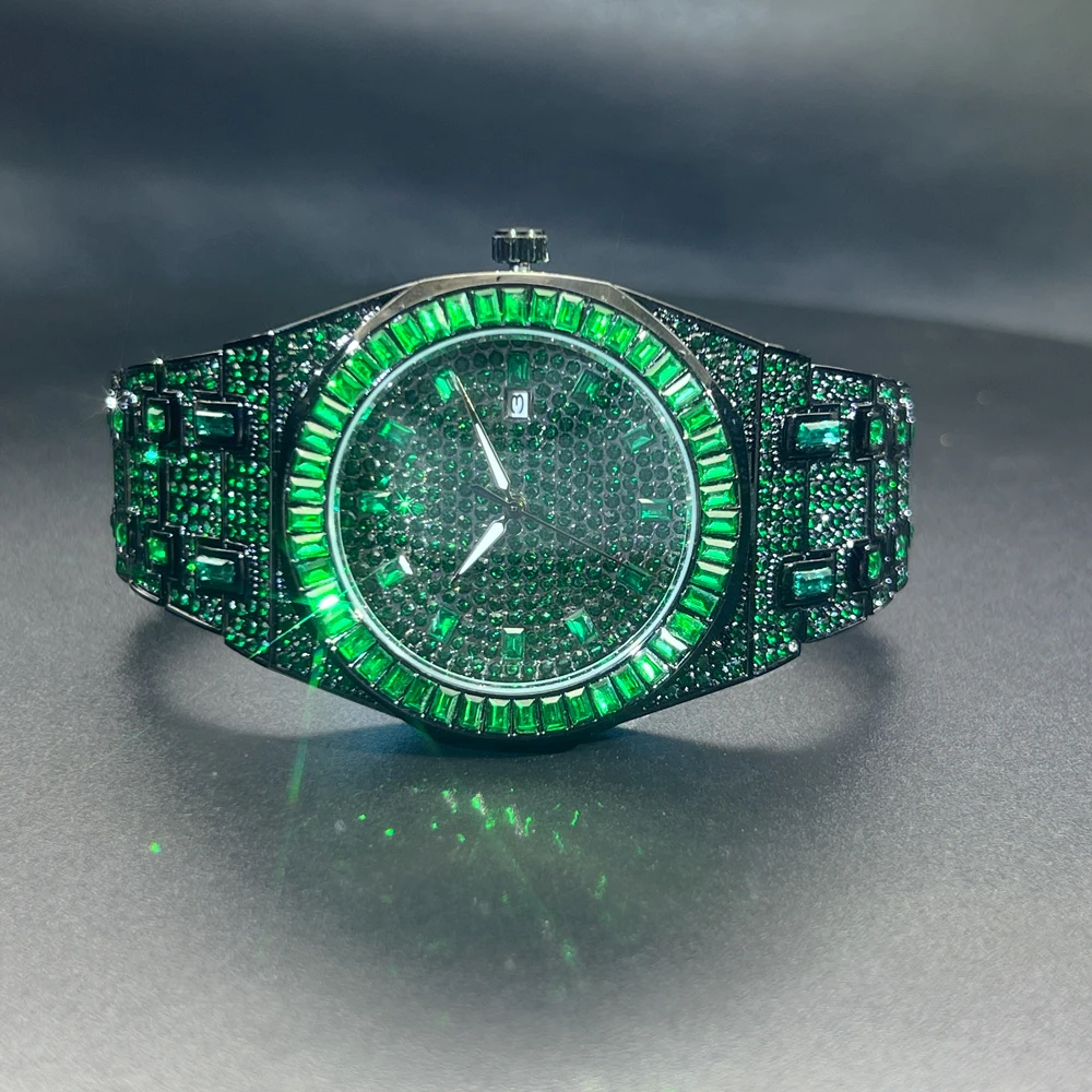 New Green Diamond Watch For Men Luxury Hip Hop Diamond Watches Unique Bling Ice Out Luminous Waterproof 2024 Wristwatch For Gift