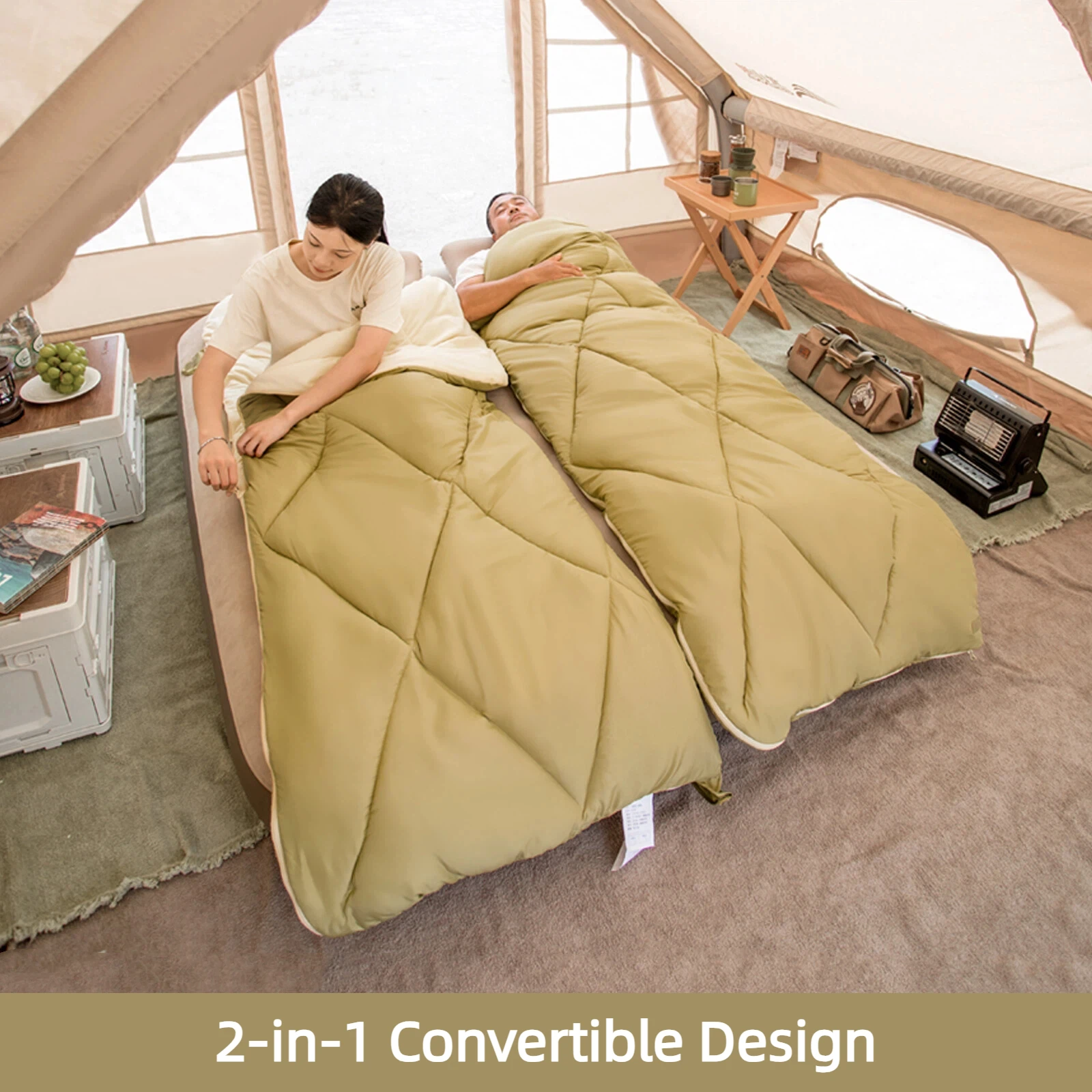 BISINNA كيس نوم مزدوج للتخييم 4 فصول محمول 2 في 1 كيس نوم قابل للفصل للأزواج والأصدقاء والسفر والمشي لمسافات طويلة #2