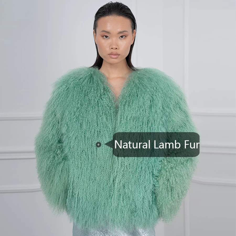 Real Sheep Skin Coat Lamb Fur Coat Women\'s Winter Jackets Light Green Collarless Mongolian Fur Coat High Quality Real Fur Jacket