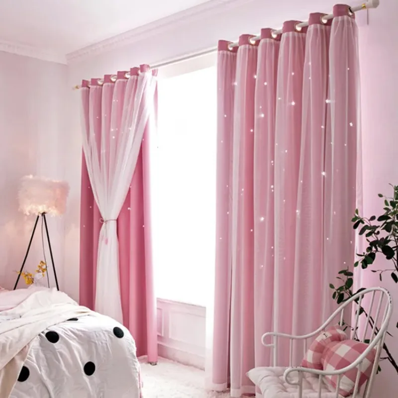 New Nordic Ins Blackout Star Curtains Romantic Color Curtain Girl Kid Bedroom Blackout Window Drapes Hollow Star Home Decor New