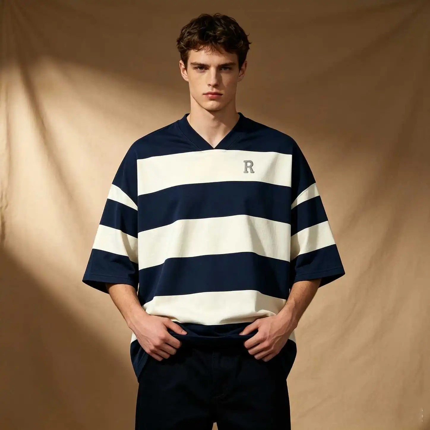 Loose Fit Retro Preppy Men Navy Cream Stripe Letter R Embroidered Tee, Casual Summer Oversized V Neck Elbow Sleeve