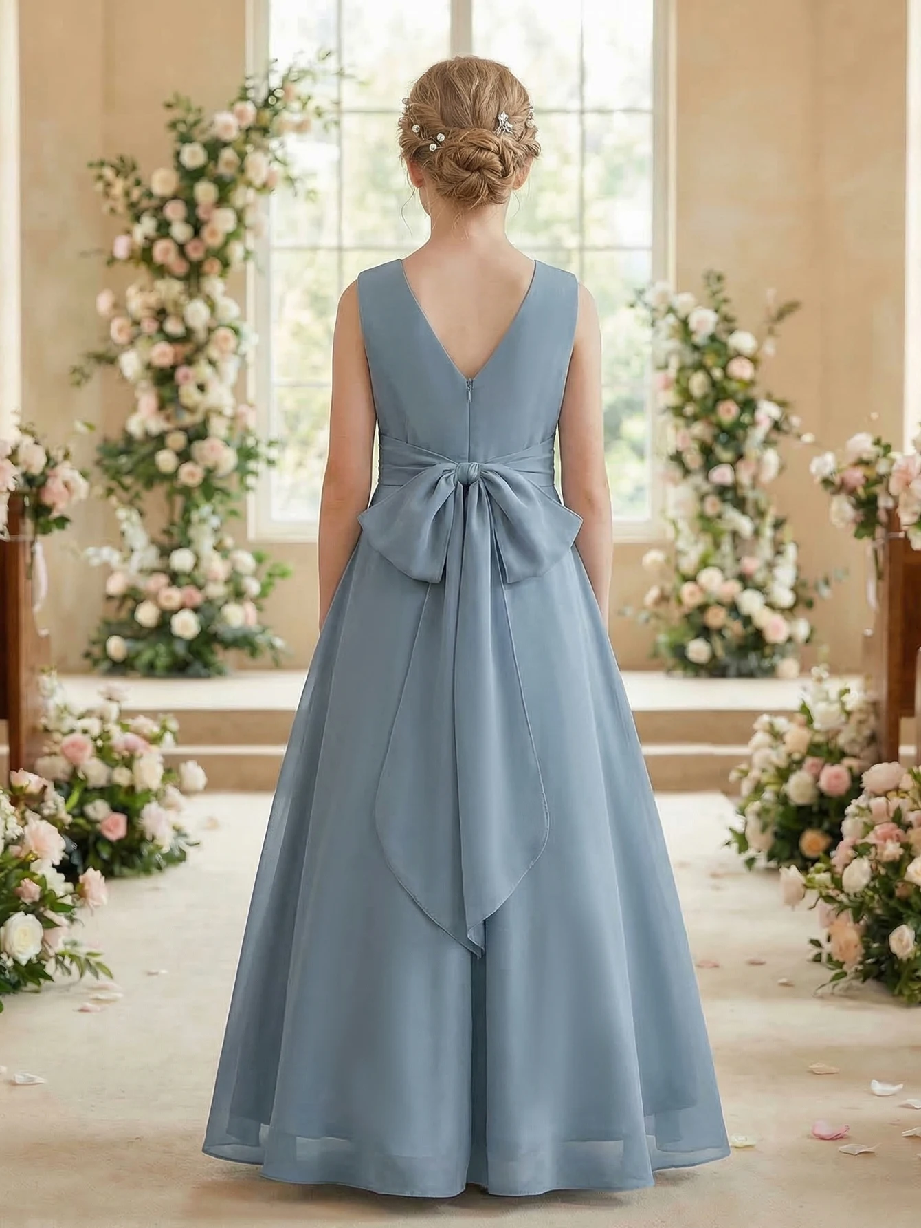 Teen Girl Long Party Dress Elegant Grey Blue Silk Fabric Sleeveless V-Neck Backless Ruffled Flowy Dress,Vacation,Party,Wedding image 6