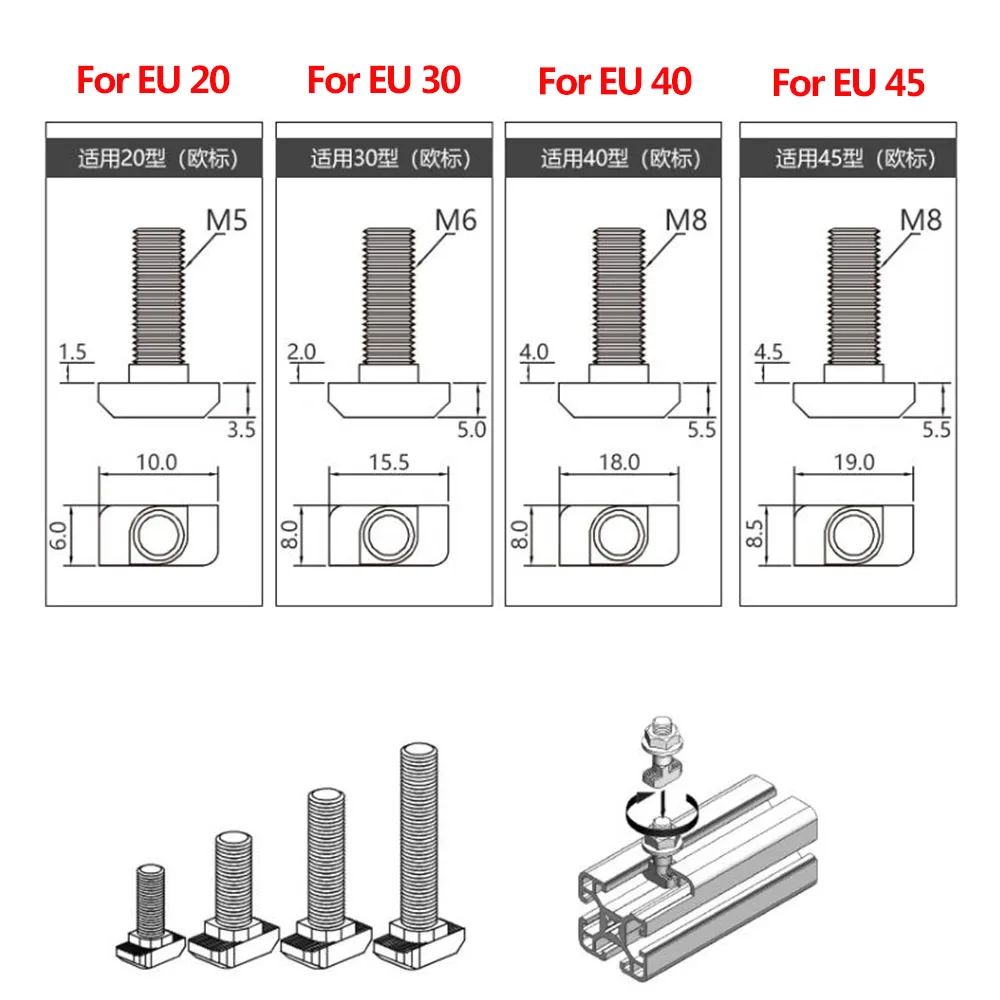 Nickel Plated T Bolt And Hexagon Flange Nuts M5-M8 For European Standard T-Slot 20 30 40 45 Aluminum Profile Accessories