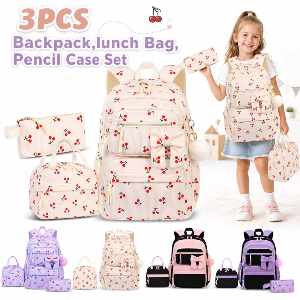 3pcs-cartoon-backpacklunch-bagpencil-case-set-large-capacity-corduroy-material-bow-knot-schoolbag-set-4colors-lightweight