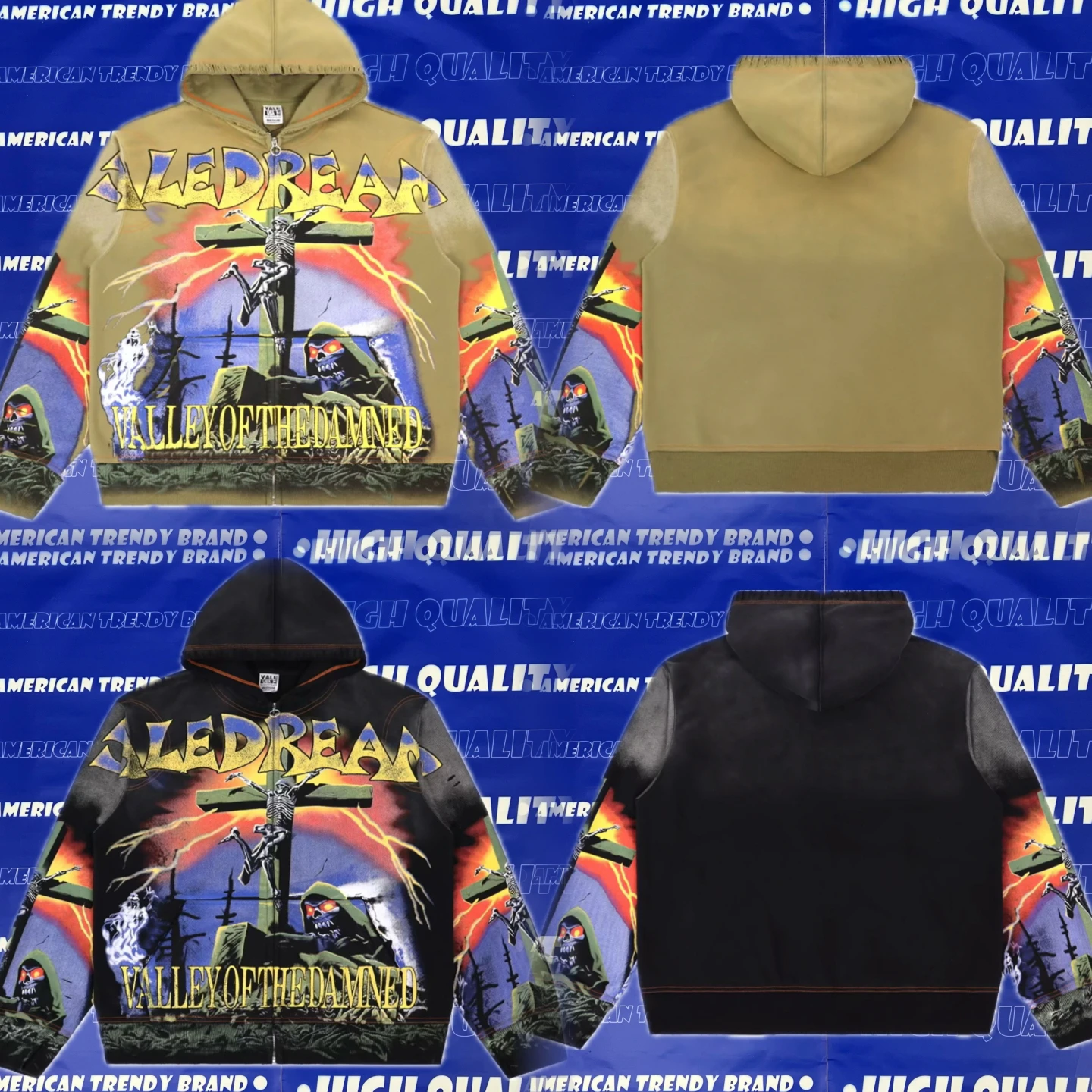 ValeForever Moletom Americano Retrô Vintage com Capuz, Estampa Heavy Work Cross Death God, Jaqueta Cardigã Aberta para Homens...