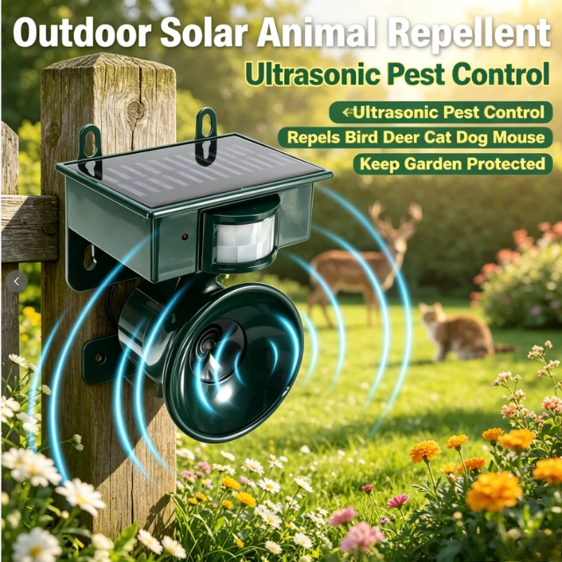 2026 New Solar Ultrasonic Animal Repellent Outdoor Cat Dog Bird Deer Mouse Pest Deterrent Control Device