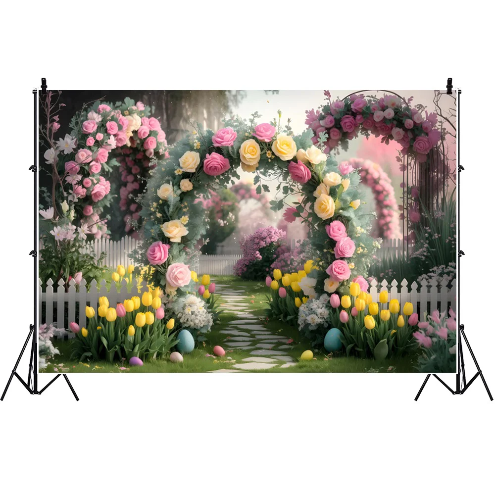 Spring Happy Easter Photography Backdrop Garden Flower Fence Egg Party Decoration Photo Background Professional Studio Photocall