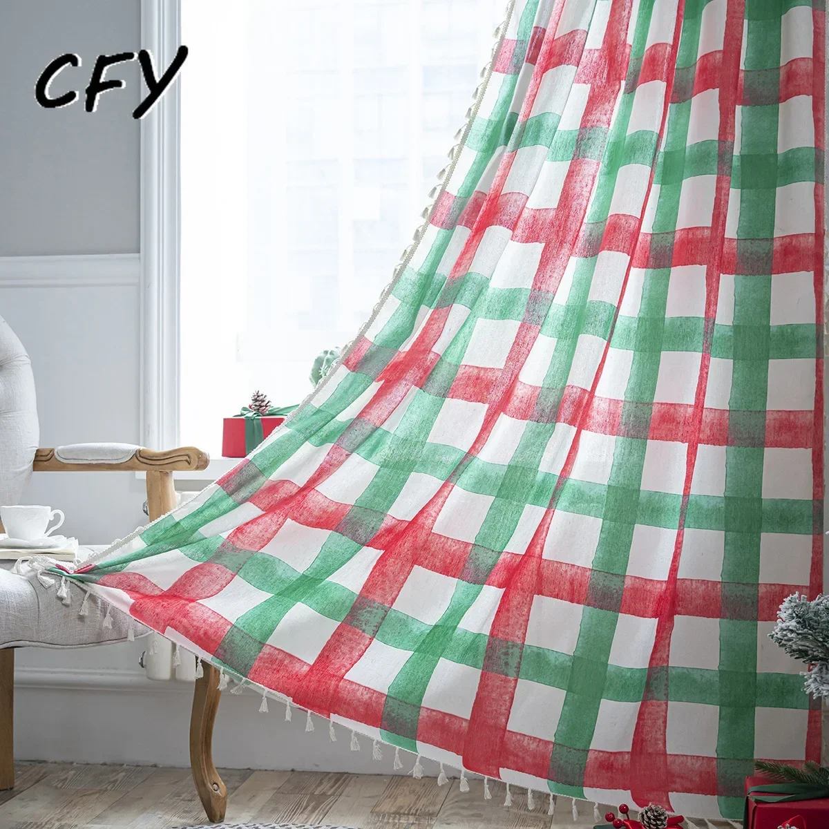 Cotton Linen Red and white checkered Christmas style Bedroom Living Room Easy Drape for Living Room Blackout Thick Window Drapes