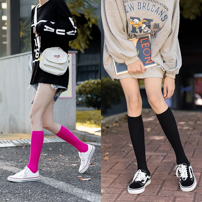 Harajuku Neon Colorful Women Cotton Long Socks Knee High Solid Klein Blue White Black Yellow Grey Red School Girl Fluorescent