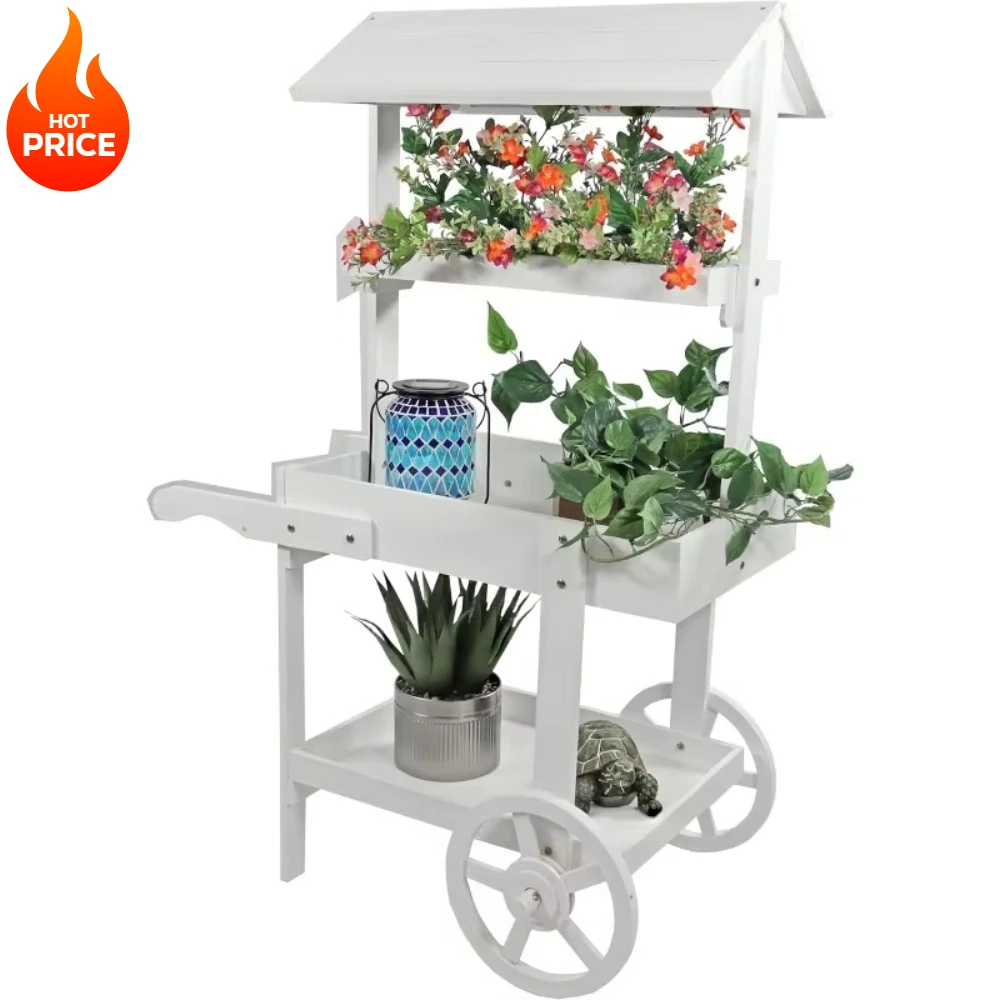 أدوات خارجية - حامل عرض عربة الزهور في سوق الريف مع عجلات ورفين من خشب التنوب بسعة وزن 30 رطلًا باللون الأبيض #1