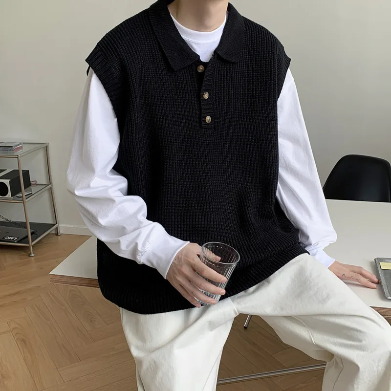 Winter Sweater Vest Men Warm Fashion Casual Black Knitted Pullover Men Korean Loose Sleeveless Sweater Mens Jumper Clothes