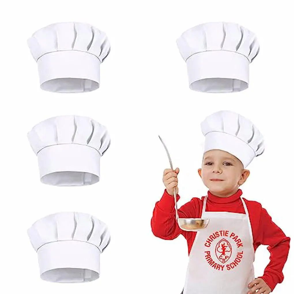 4 قطع قبعات طهاة بيضاء للأطفال، قبعات حفلات، قبعات للخبز في المطبخ، قبعات طهي للأطفال، قبعات طهاة بيضاء للأطفال بطول 21 سم