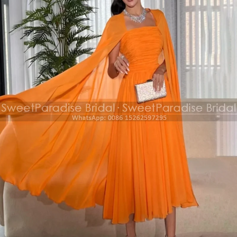 

Плащ трапециевидной формы для выпускного вечера с квадратным вырезом и накидкой на рукавах длиной до пола, длинное индивидуальное оранжевое шифоновое вечернее платье для вечеринки