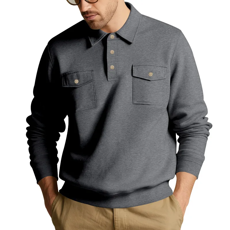 

Men's Half-Placket Pullover Sweatshirts Button Pocket Chic Lapel Pullovers American Street Casual Warm Autumn Winter Clothes Man