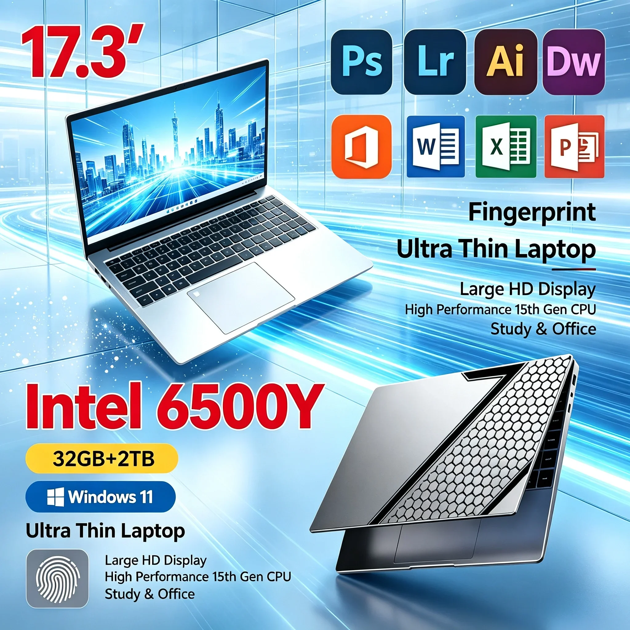 New 17.3'' Inch Notebook PC Intel 6500Y 32GB RAM 1TB 2TB SSD Win11 WiFi6 BT5.2 Backlit Keyboard Portable Laptop For Office Work