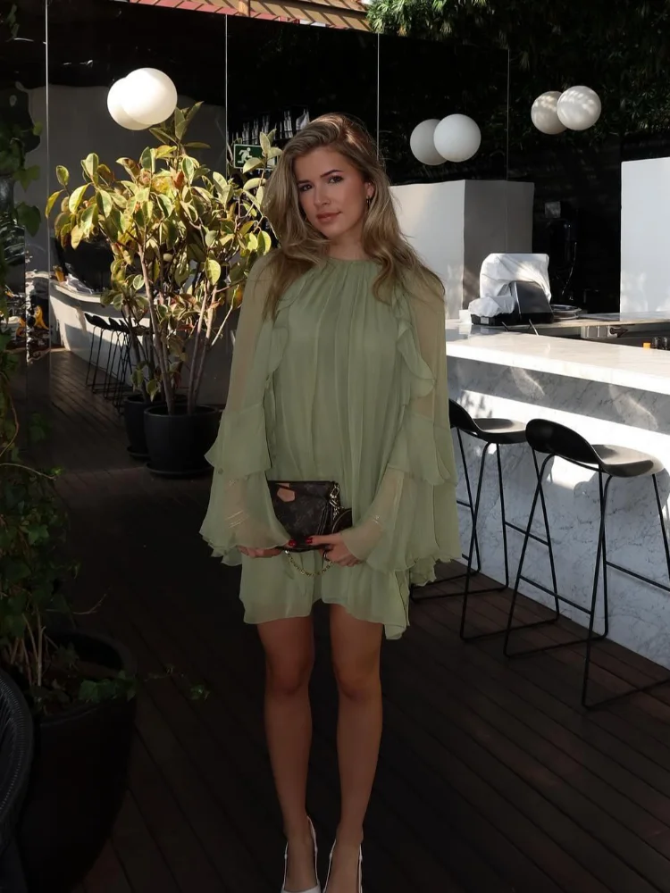 

Elegant Green O Neck Ruffle Flare Sleeves Woman Mini Dress Chic Pleated Solid Dresses 2025 Spring Summer New Vacation Vestidos