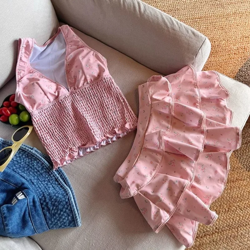 Women Pink Floral Two Piece Swimsuit Halter V Neck Ruched Top Layered Ruffle Skirt Modest Bathing Suit for Hot Spring Vacation - Image 6