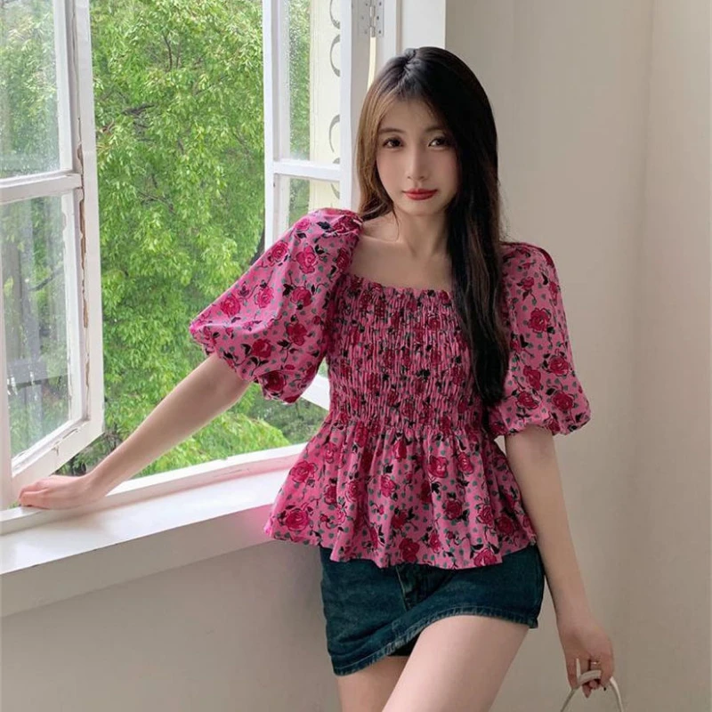 

Fashion Sweet Puff Sleeve Pleated Rose Red Floral T-Shirt 2024 New Summer Female Versatile Comfortable Age Reducing Square Neck