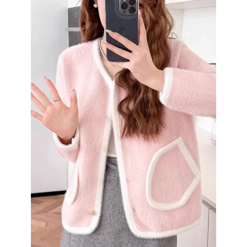

Fashionable Short Outerwear Women's Loose V-neck Waterfall Cardigan Autumn New Style Simulated Mink Velvet High Collar Sweater