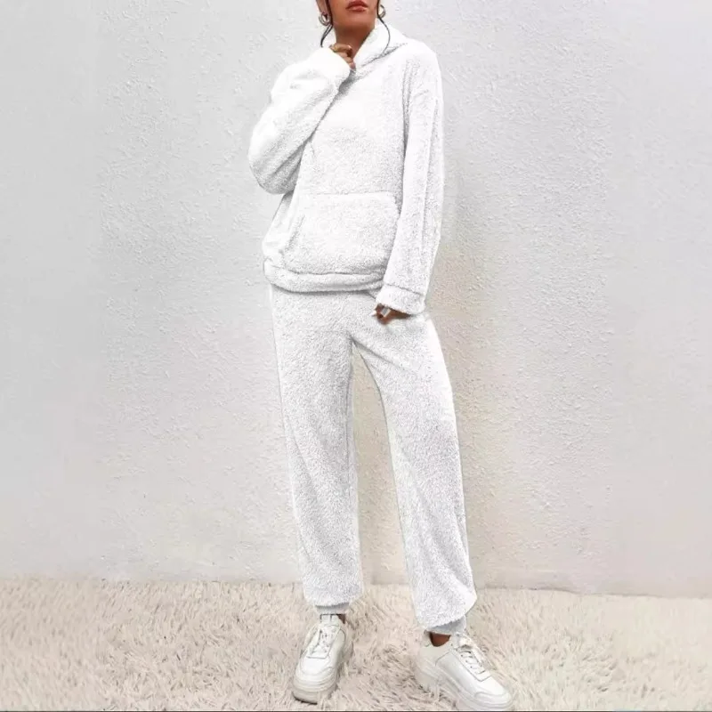 Autumn Winter Women Fleece Two Piece Set Elegant Long Sleeve Pocket Loose Hoodies Pants Suit 2024 Teddy Plush Outfits Homewear