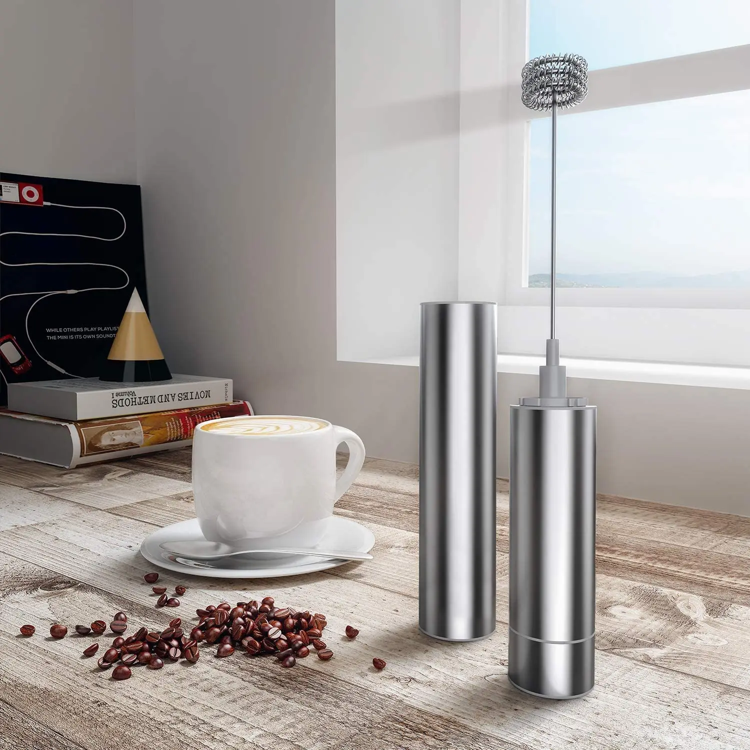 เครื่องตีทำฟองไฟฟ้าใช้แบตเตอรี่แบบมือถือเครื่องตีฟองนมสามชั้นสำหรับกาแฟลาเต้ช็อกโกแลตร้อน