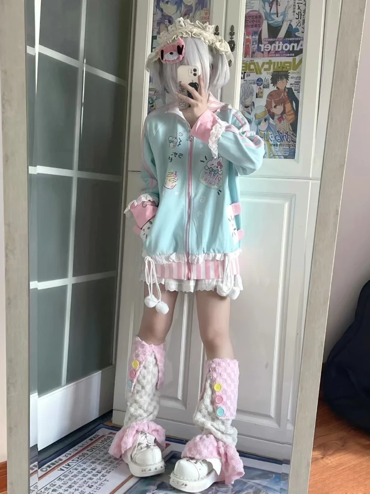 Otoño Kawaii abrigo suelto de manga larga diseño de mujer dulce Patchwork abrigo con cremallera Casual encantador estampado de conejo cárdigan con capucha