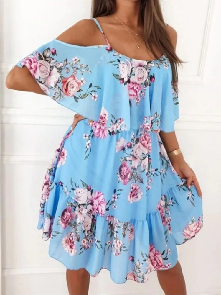 

Women Summer Elegant Dress Chiffon Flower Print Flounce Edge Colorful Spaghetti Strap Sweet Sexy Dresses Kadın Elbisesi Yazlık