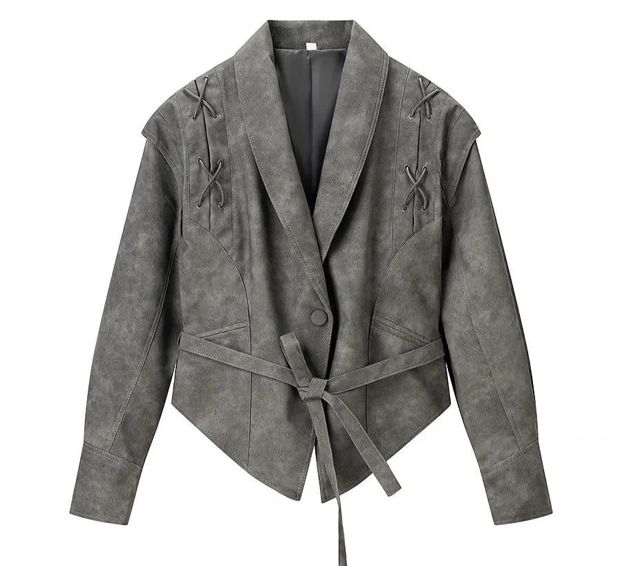 

Winter New Fashion Faux Leather Printed Suit Chic with Belt Retro Long Sleeve