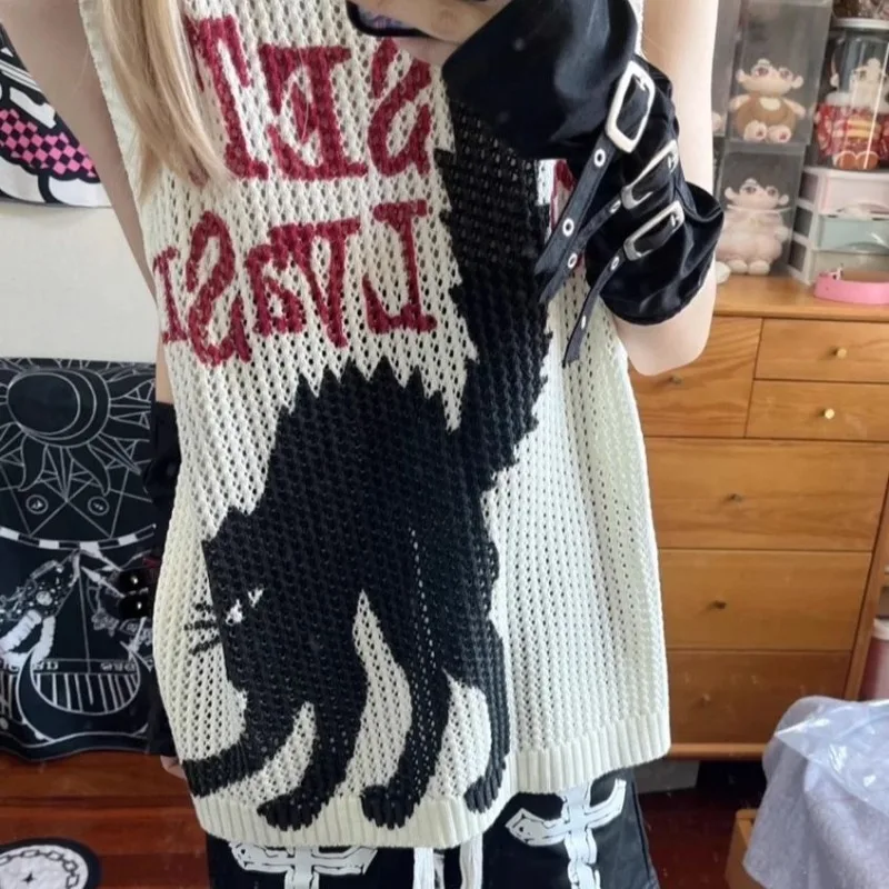 

South Korea Contrast Color Hollow Knit Vest Female Spring Summer New Loose Fold Wear Sleeveless Vest Top