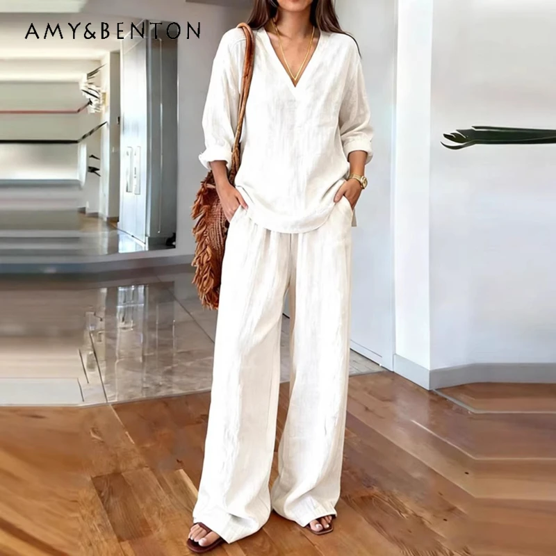 

2026 Spring New Women's Clothing European American Design Fashion White Loose Casual Top Wide-Leg Pants Two-Piece Sets Ladies
