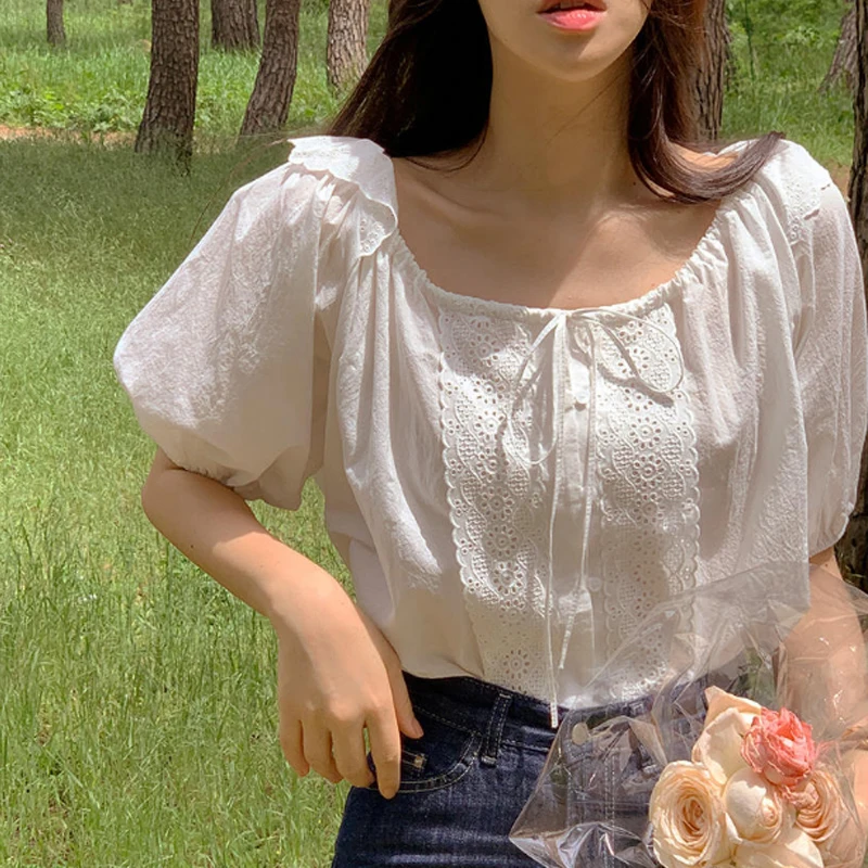 

Chic Summer Sweet Cute Ruffle Splice Bared Shoulder Short Sleeve Chiffon Shirt Women's Fashion Commute Style Pure Color Bubbl...