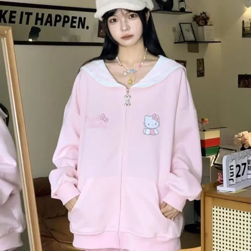 Anime Kawaii Kitty Cat Girls Zipper Sweatshirt Spring Autumn Cotton Cute Navy Collar Cardigan Coat Student Loose Tops Gift