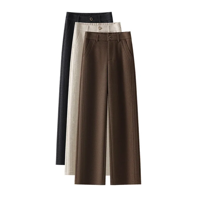 

Осень-зима 2026, женские кашемировые широкие брюки, шерстяные повседневные брюки, толстые свободные уличные шерстяные прямые брюки с высокой талией