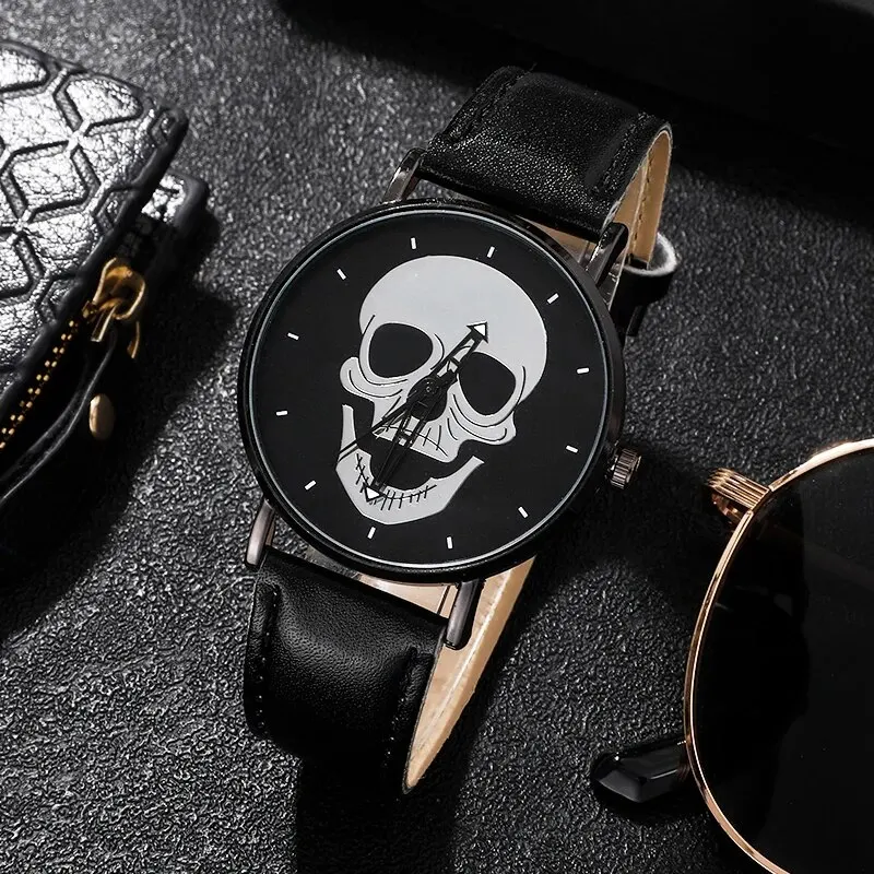 4Pcs Mens Black Watches Skull Pattern Dial Design Luxury Leather Band Quartz Wristwatch Outdoor Casual Sports Watch Relogio