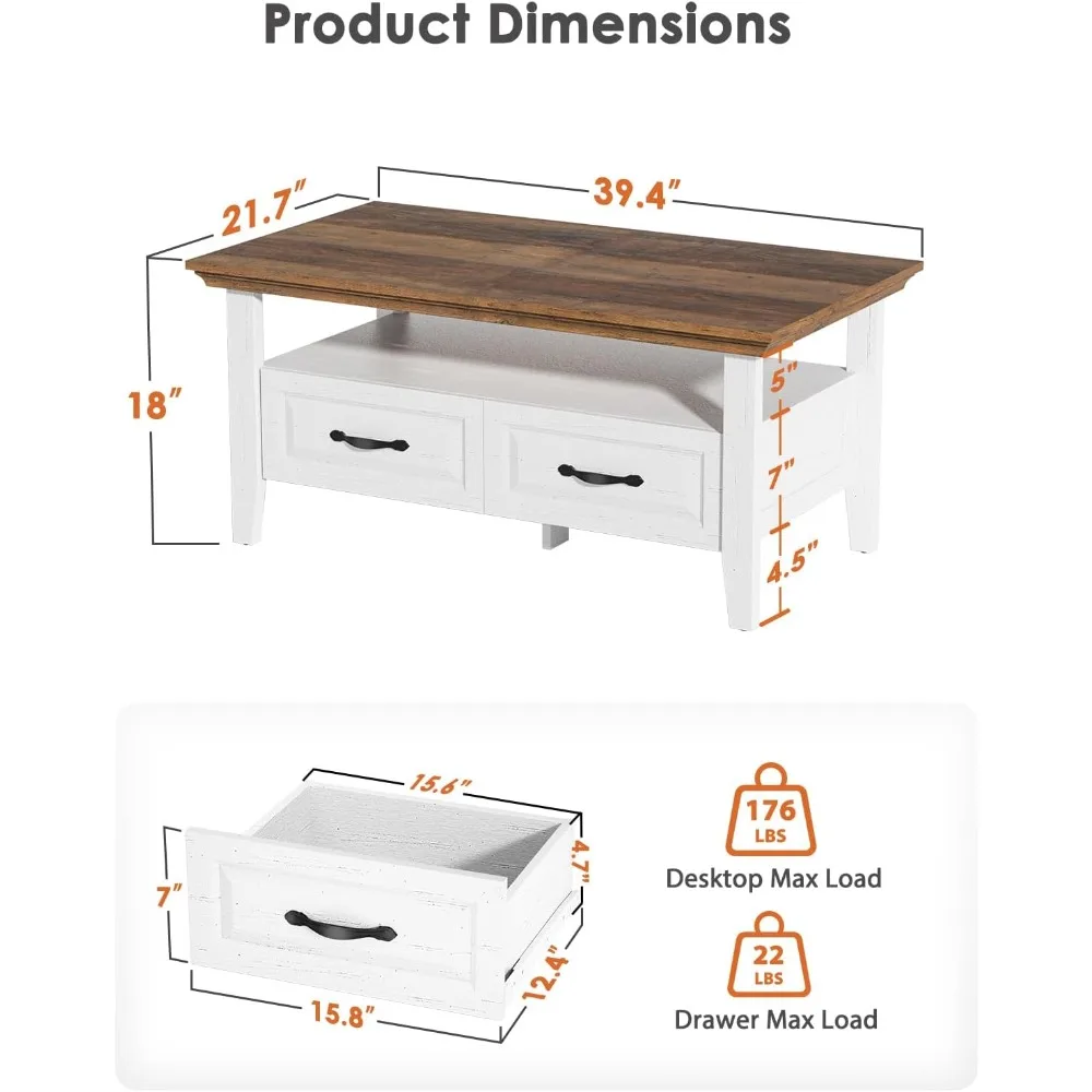 طاولة قهوة لغرفة المعيشة، 39.4 طاولة قهوة صغيرة مع مساحة تخزين، رف عرض مفتوح وأدراج مخفية #3