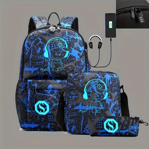 Imagen 2 del producto Mochila de moda para niñas y niños, mochila escolar luminosa con carga USB para estudiantes, mochila escolar para adolescentes, mochila 3 uds